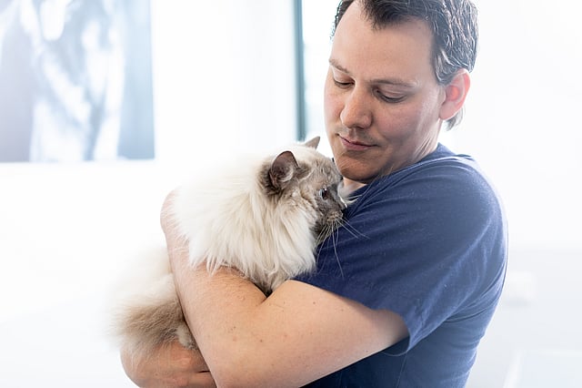 Una persona che tiene in braccio un gatto.
